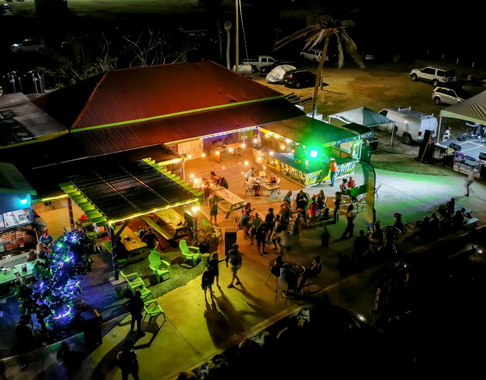 An aerial view of the party at night