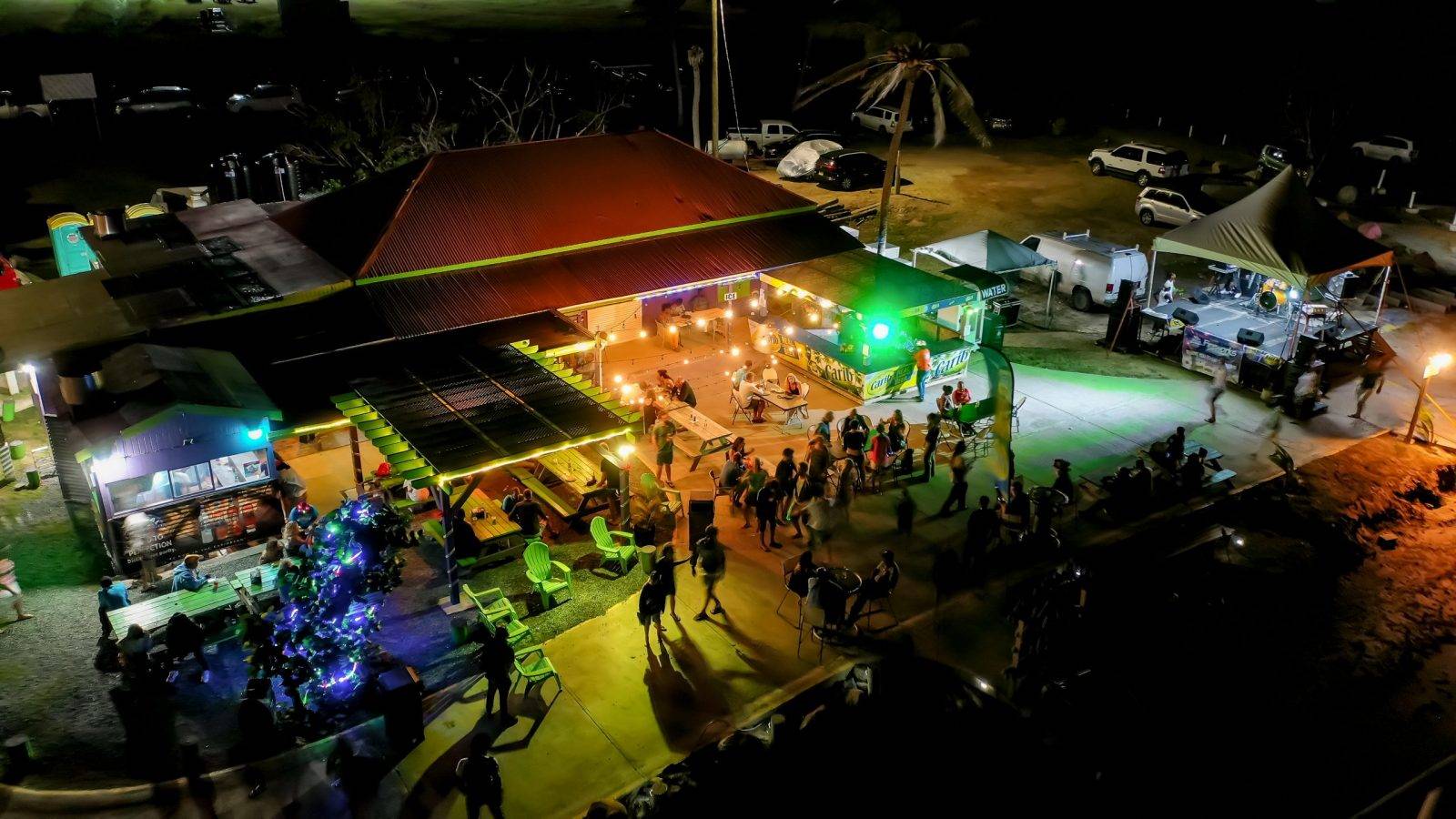 An aerial view of the party at night