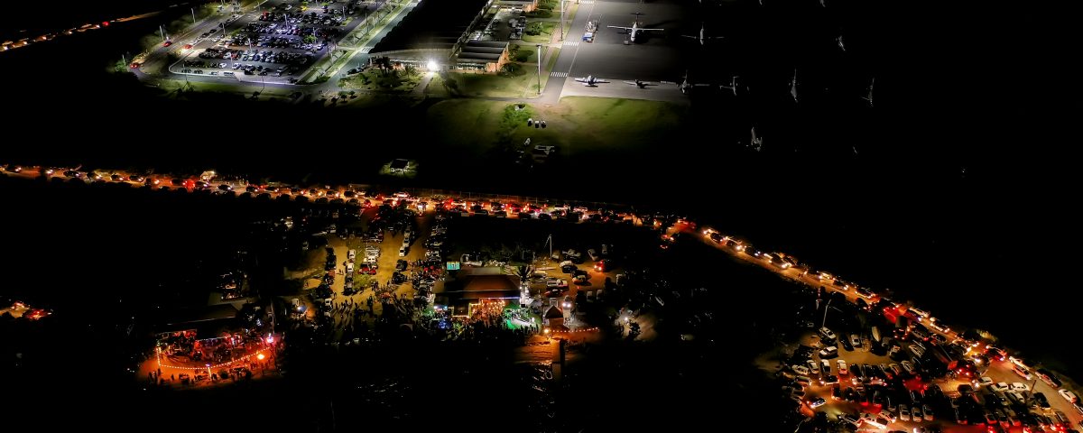 An aerial view of the surrounding area at night