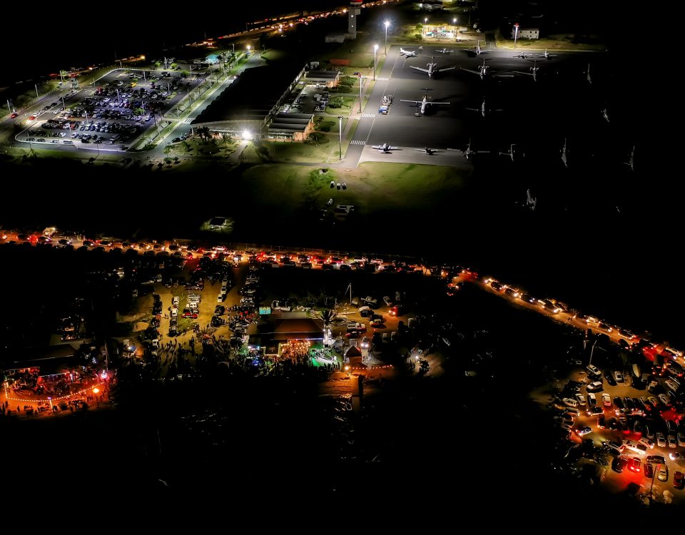 An aerial view of the surrounding area at night