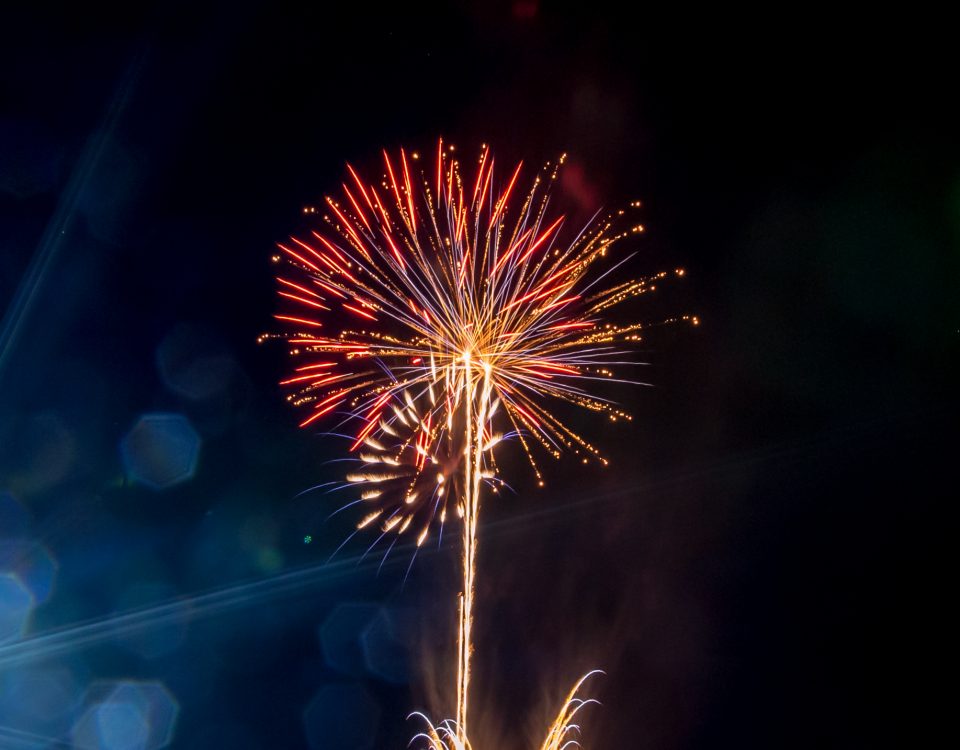 A fireworks display at the distance