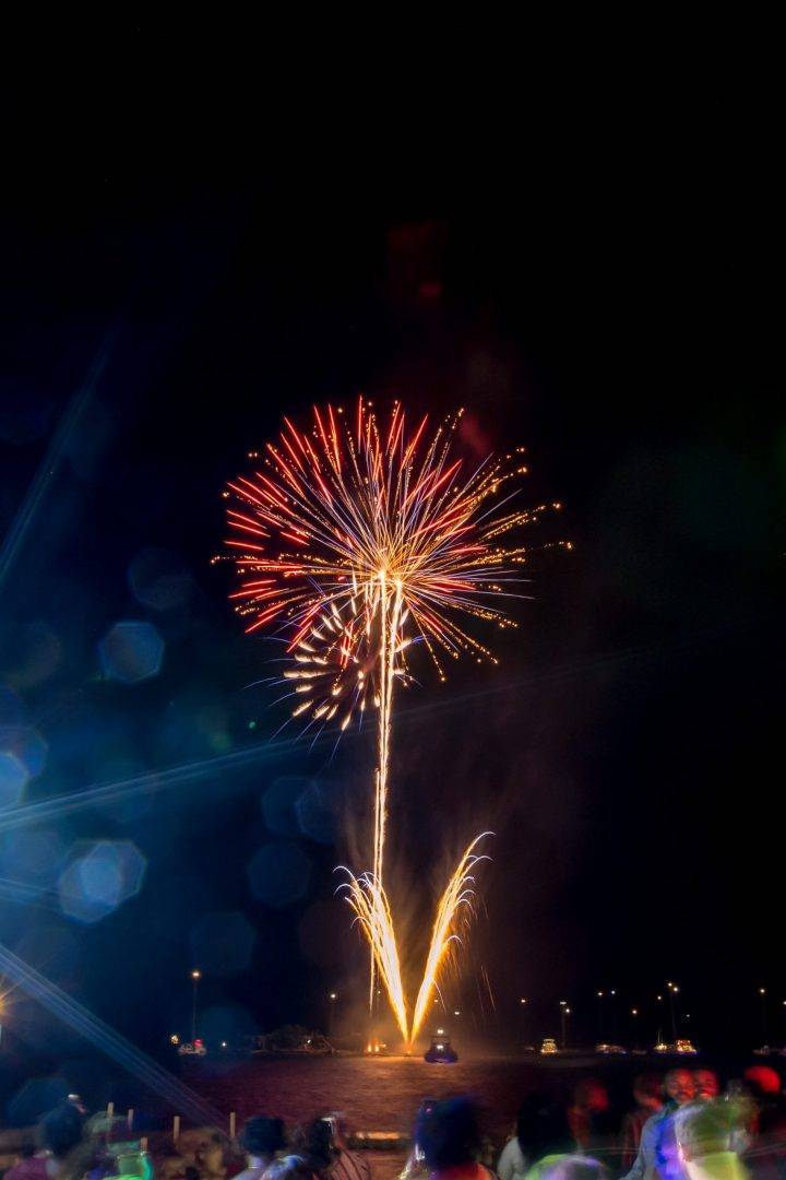 A fireworks display at the distance