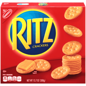 Ritz crackers box with round, buttery crackers shown.