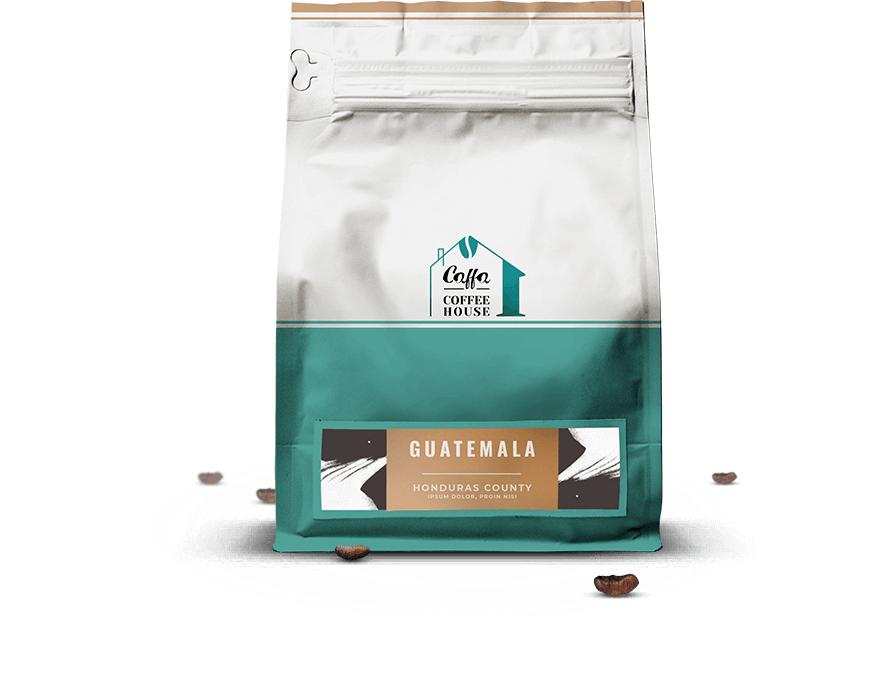 Guatemala coffee bag with scattered beans.