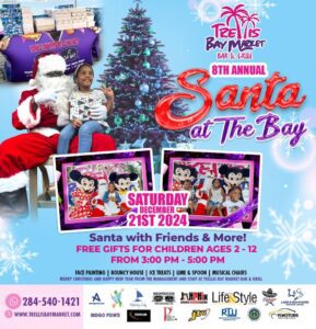 Santa Claus with friends at a festive Christmas event by the bay.