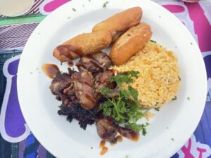 Plate of rice, meat, and fried rolls.