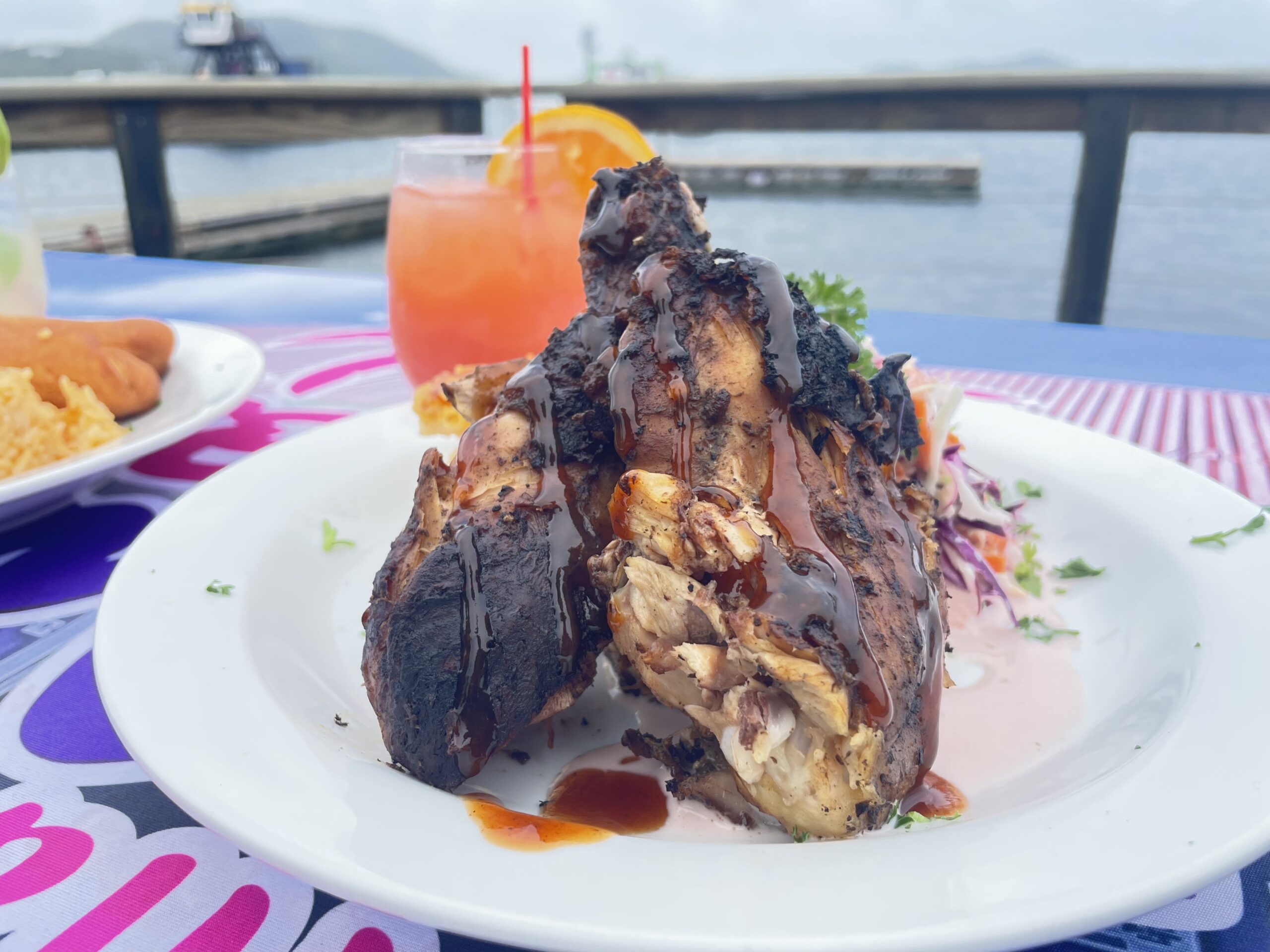 Grilled chicken with sauce by the water.