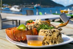 Seafood platter with rice by the sea.