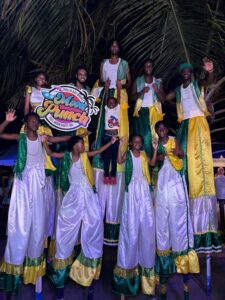 Performers on stilts at night festival.