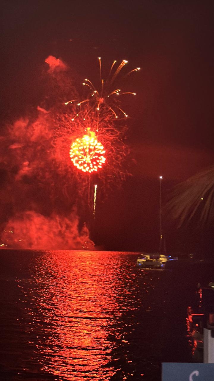 Red fireworks reflecting on water. - 2074