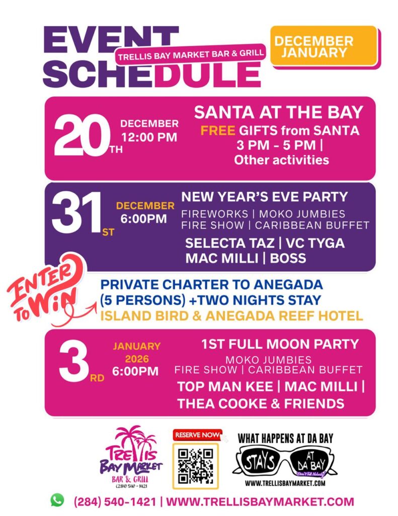 Event schedule for Trellis Bay Market Bar & Grill.