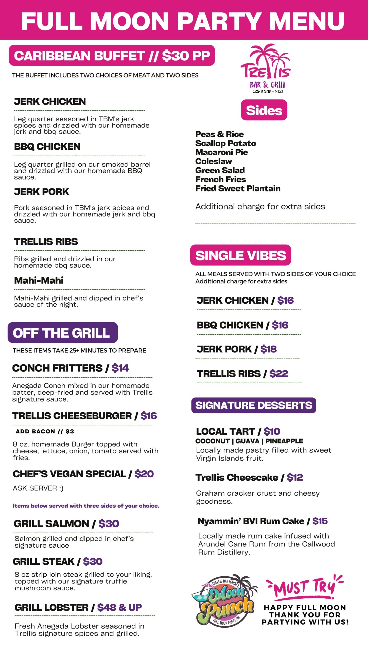 FULL MOON PARTY MENU